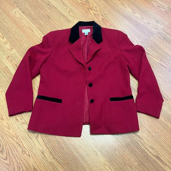 Talbots Women’s Size 12P Red Black Velvet Wool Button Front Blazer Jacket - Picture 1 of 8